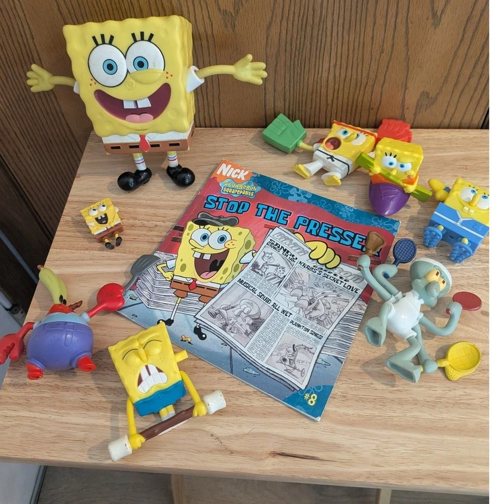 SpongeBob SquarePants Toy Lot -Figures Squidward Mr Krabs Book and Cards Bundle